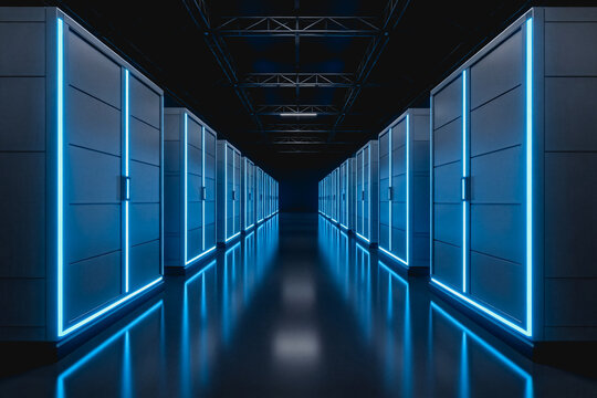 A clean, organized server room with aligned equipment racks and blue LED lighting, showing data center infrastructure.