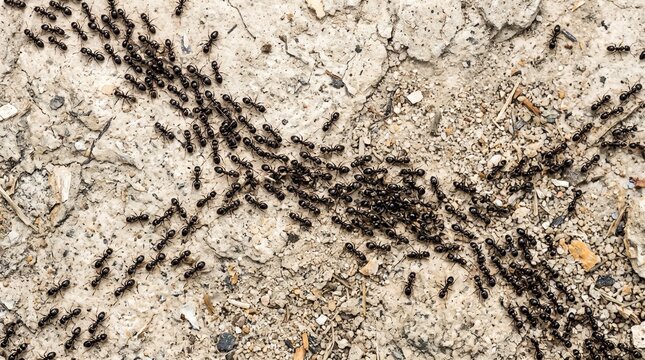 A high-angle, close-up shot showing a large swarm of small black ants marching in organized lines across a dry, sandy, and cracked soil surface.