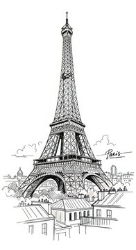 Detailed Black and White Illustration of Eiffel Tower in Paris.
