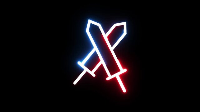 Neon swords crossing icon glowing with red and blue light motion graphics isolated black.