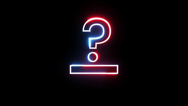Glowing question mark symbol flickering in neon red and blue light against black background.