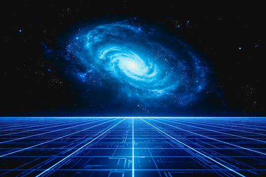 A glowing spiral galaxy floats in deep space above a bright neon futuristic grid landscape, blending cosmic and digital themes.