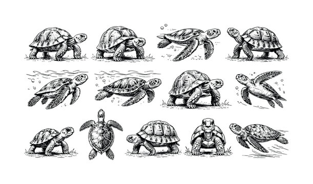 Collection of detailed line art illustrations of various turtles and tortoises