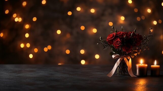 Romantic red roses bouquet with candles on dark table, bokeh background.