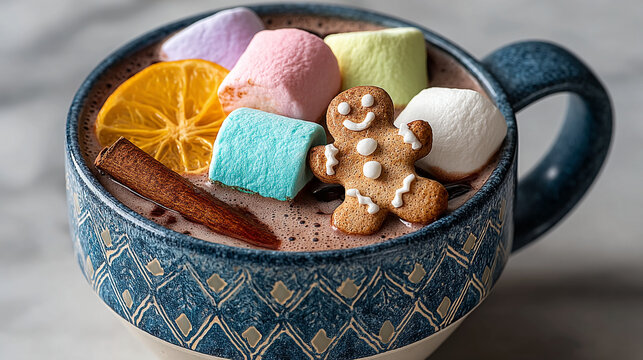 Close up of hot chocolate mug filled with colorful marshmallows citrus slice and gingerbread man