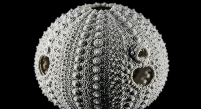 Detailed close up of a spiny sea urchin shell.