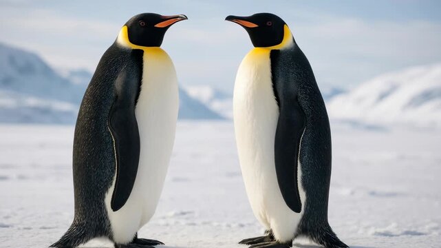 Two emperor penguins face each other on snowy terrain. Captured from a side angle, the scene resembles a nature documentary video still. Live desktop wallpaper.