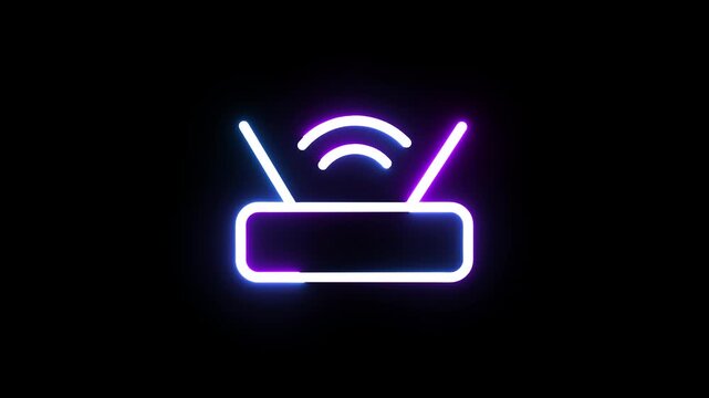 Neon wireless router icon glowing with blue and purple light on black background footage.