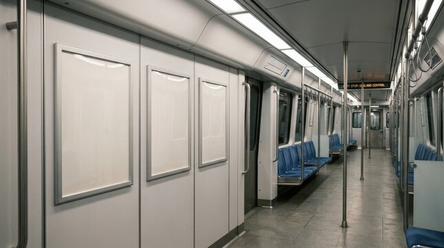 Subway car interior featuring empty advertising frames and blue seating along the walls.