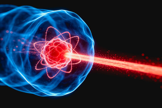 A conceptual illustration of an atom emitting a red laser beam, showing its nucleus, electron cloud, and energy emission in digital style.
