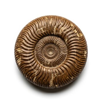 Detailed fossilized ammonite shell isolated on white background.
