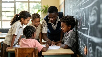 Obraz premium Male African‑American teacher tutoring multi‑ethnic young pupils around desk inside bright classroom,fits school brochures, educational website banners, teaching articles.