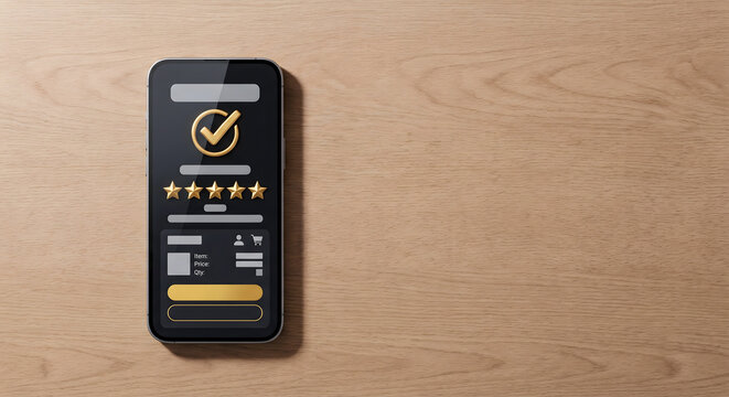 Smartphone screen showing five star rating, checkmark icon, and online shopping interface on wooden table.