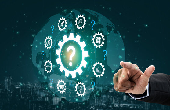 Conceptual Image of Business Questions with Gears and World Map Background, Signifying Problem Solving and Decision Making in Modern Enterprises. Bitwise.