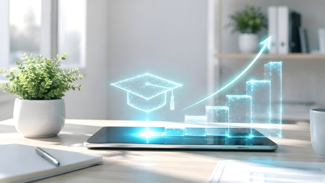 Digital tablet on a bright desk displaying a glowing holographic graduation cap and upward growing bar chart representing education success and edtech progress.