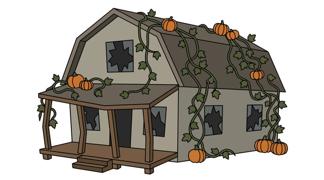 Haunted Abandoned Farmhouse Decorated with Creeping Pumpkin Vines and Broken Windows for Autumn Seasonal Harvest and Spooky Halloween Celebration