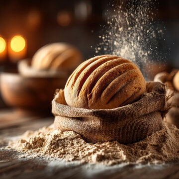 Freshly baked homemade bread loaf in a rustic burlap sack with flour dust artisan loaf bakery food