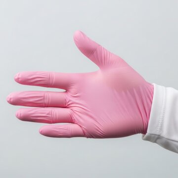A close up view of a hand wearing a pink nitrile medical glove isolated against a plain light gray background