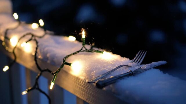 Hands decorating a snowy balcony railing with lights.
