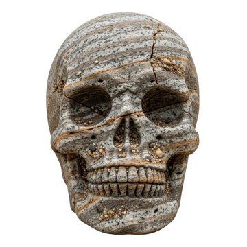 Detailed Stone Carved Human Skull Sculpture Front View.