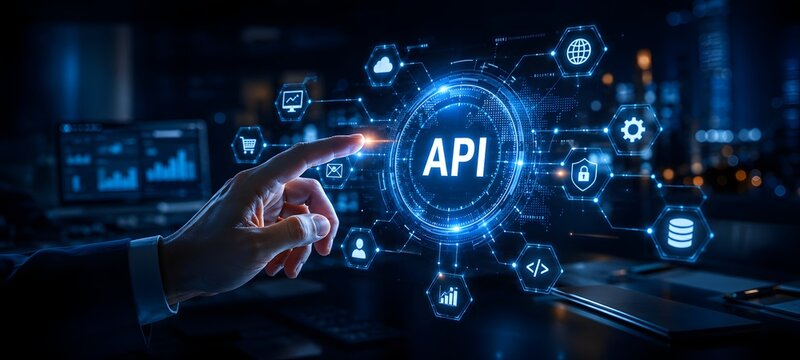 Businessman hand touching a glowing digital API application programming interface holographic dashboard with interconnected software and service icons