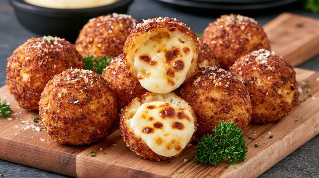 Golden fried cheese balls with melted interior rest on a wooden board.