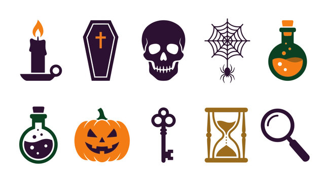Halloween themed icon set featuring spooky elements including skull pumpkin potion bottle spiderweb candle coffin and mystery tools