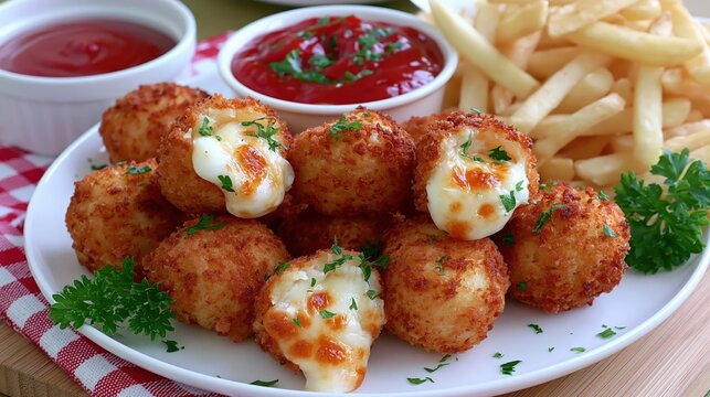 Hot, breaded cheese balls with melted insides are served with french fries and sauce.