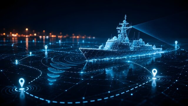 Digital Hologram Of Naval Warship With Radar Waves And Network Location Pins For Maritime Security Concept