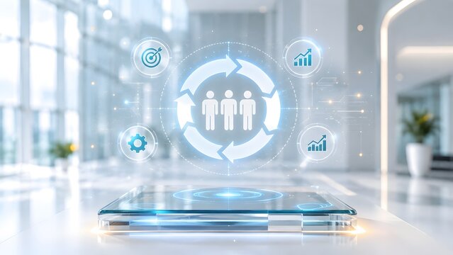 Human resources and team management concept with digital hologram showing employee business process and corporate workflow on a glass desk in a modern office