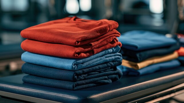 Stack of neatly folded garments in assorted colors sits on a display surface.