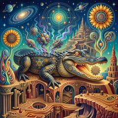 Fototapeta premium Psychedelic crocodile with esoteric symbols resting on an ancient labyrinth under a celestial sky