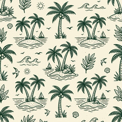 Fototapeta premium Seamless tropical pattern with palm trees and island paradise in a vintage sketch style, perfect for summer vacation and beach theme decor.