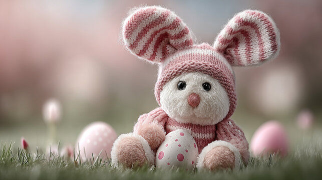 Plush rabbit toy wearing a knitted pink hat sitting on green grass with easter eggs