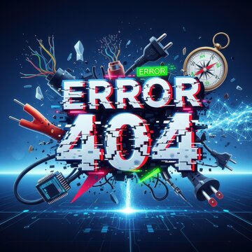 Digital Error 404 Concept with Glitchy Typography and Tech Elements.