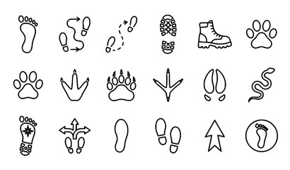 Fototapeta premium Footprint animal track and walking trail outline vector icon collection