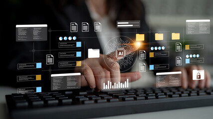 A modern business professional engages with AI technology while typing on a keyboard in a sleek...