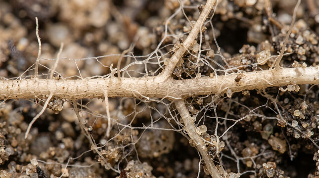 Close-up mycorrhizal association shows fungal hyphae interacting with plant roots, useful for microbiology, agricultural research, soil science, and biotechnology content.