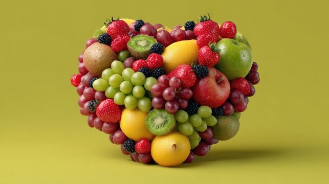 Colorful Arrangement of Fresh Fruits in Heart Shape on Yellow Background for Healthy Lifestyle Concepts