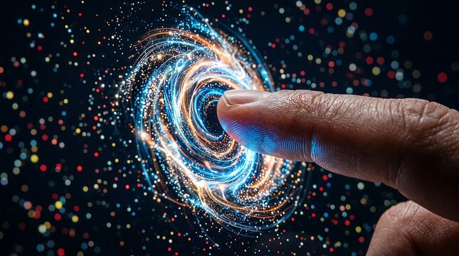 Human finger pointing at glowing swirling vortex of light particles in dark environment representing digital interface and technological advancement in modern science research