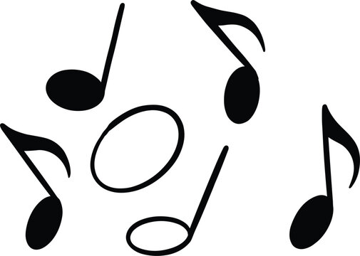 Floating musical notes collection featuring black hand drawn quarter eighth and whole note symbol doodles