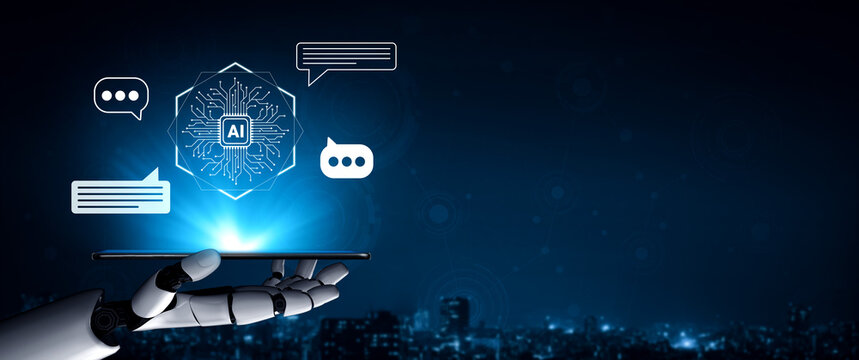 A robotic hand presents a smartphone displaying an AI icon amid glowing chat bubbles, encapsulating the fusion of technology and communication in a digital era. Gantry