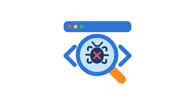 Dynamic software debugging motion animation showing magnifying glass scanning code bug in browser