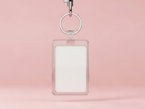 Clear plastic id card holder with key ring on pink background