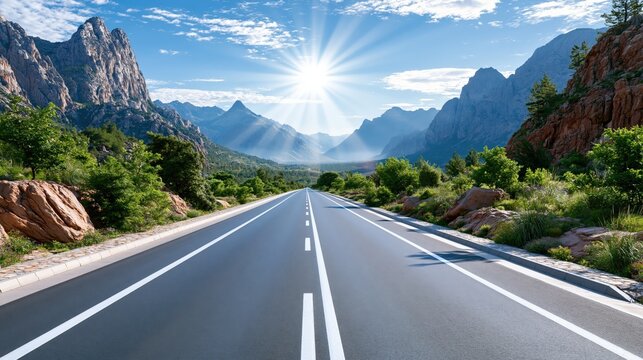 Open road stretches through majestic mountains under a bright sunny sky.