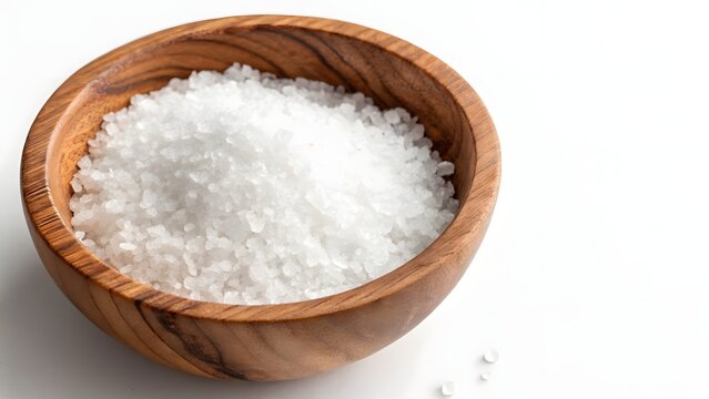 Coarse Sea Salt Crystals in a Rustic Olive Wood Bowl Isolated on White
