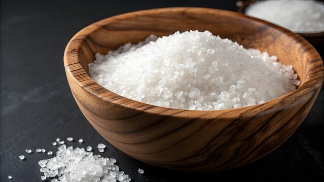 Coarse Sea Salt in Rustic Wooden Bowl on Dark Stone Background