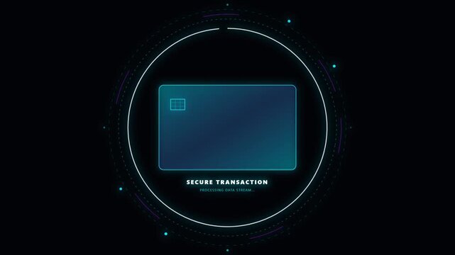 Digital Secure Transaction HUD Interface with Credit Card Icon and Processing Data Stream Animation