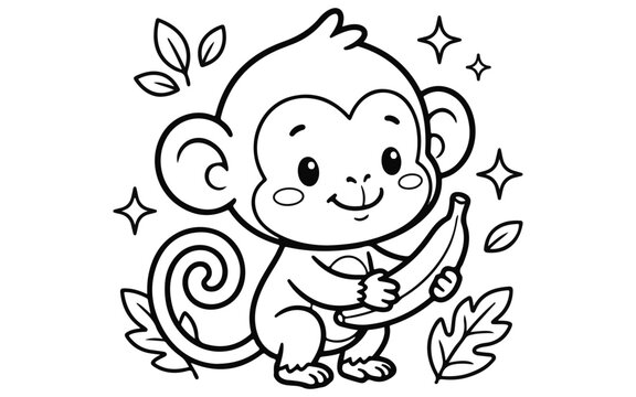 Cute cartoon monkey sitting on a branch with leaves