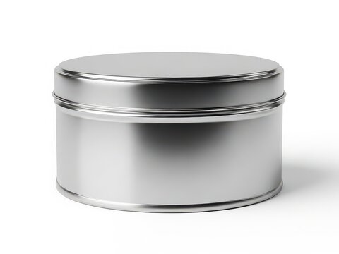 Small round silver metal tin container with lid